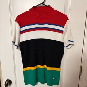 Tommy Hilfiger Mens Striped Short-Sleeve Knit Sweater - Red/White/Black/Green